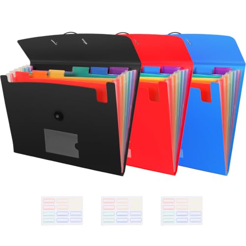 CASAON 7-Pocket Expanding File 3pcs, Plastic Expandable File Folder - Black&Blue&Red