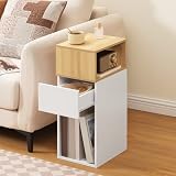 HOOBRO Mesita de Noche Estrecha con 1 Cajón y 2 Compartimentos Abiertos, Mesa Auxiliar Pequeña, Mesa Lateral para Sofá, para Dormitorio, Salón, Blanco y Natural EWN196BZ01