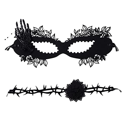 JewelryWe Venezianische Maske mit Choker Damen: 2pcs Gothic Schwarz Rosen Blume Maske Halskette Set Maskerade Augenmaske Verstellbar Halsband Kropfband Kette Kostüm für Halloween Karneval Cosplay
