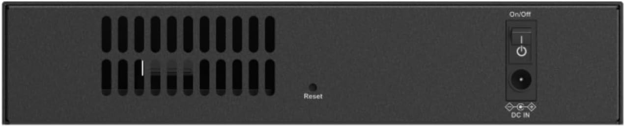 posterior view of the D-Link DNH-1000 Nuclias Connect Hardware Controller, showing ventilation, a reset button, and the DC power input with an On/Off switch.
