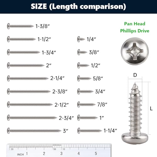 #8 x 1/2" (200 Pack) Stainless Steel Phillips Pan Head Wood Screws, Stainless Steel 304 (18-8), Pan Head Sheet Metal Screws Self Tapping for Wood