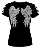 Fashion2ne1 Womens Wide Angel Wings Bling Rhinestones T-Shirt Top Ripped Cut Out, Cute Sexy Graphic Tops Short (US, Alpha, X-Large, Regular, Regular, Black)