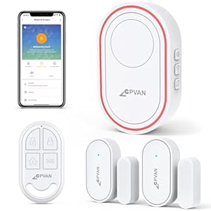 CPVAN CP7R Door Chime, Smart Door Window Alarm Sensor with APP Alert, Remote Control, 2.4 GHz Wi-Fi Base Station Alarm Siren for Kids Elders Safety Compatible with Alexa, for Home House Apartment