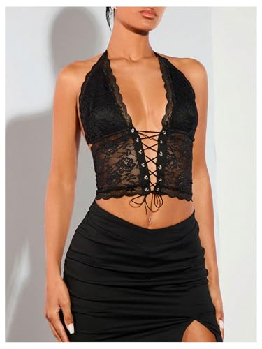 SOLY HUX Women's Sexy Lace Sheer Corset Top Halter Neck Tie Up Backless Crop Tops Party Rave Outfits3