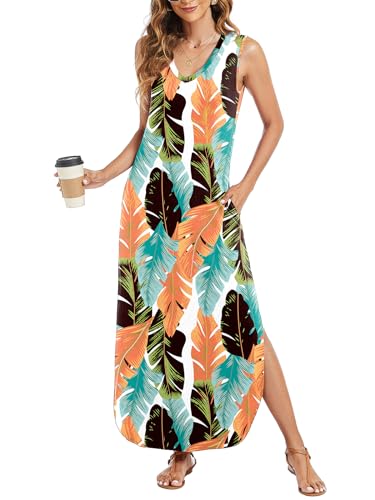 Image of Arolina Maxi Dress for Women Tropical Summer V Neck Sleeveless Split Long Beach Dresses Casual Loose Sundress with Pockets