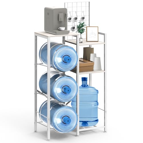 Water Dispenser Stand 5 Gallon Water Jug Holder with Wood Tabletop Shelf 3 Slots 5 Gal Water Bottle Holder Storage Rack for Home, Office, Garage Organizer Rustic Gray