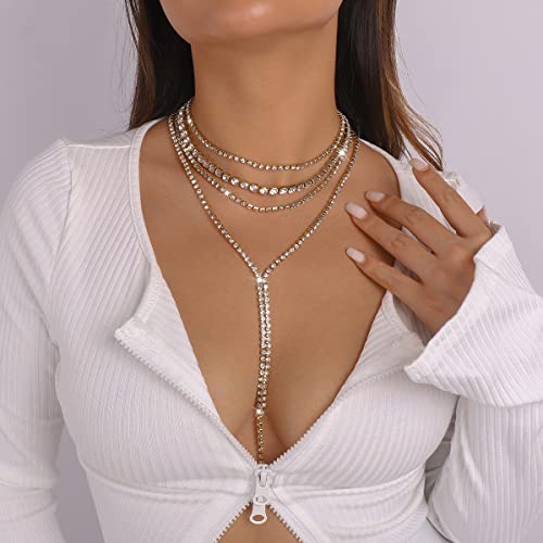 Chargances Boho Layered Rhinestone Choker Necklace Gold Crystal Long Choker Necklaces Fashion Sexy Body Costume Accessories For Women And Girls (Gold) #TOP1