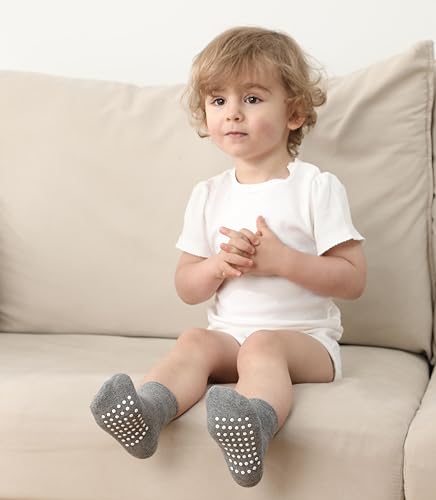Image of JAKIDAR 12 Pack Baby Socks Cotton Crew Toddler Socks Grips Non Slip Bottom Kids Socks