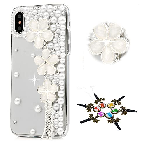 STENES Sparkle Case Compatible with Samsung Galaxy A15 5G Case - Stylish - 3D Handmade Bling Flowers Tassel Rhinestone Crystal Diamond Design Girls Women Cover - White
