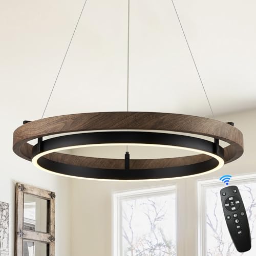 CaraLuxe LED Ring Chandelier Dimmable Black Chandelier Round Foyer Chandeliers Light Walnut Wood Black Circular Chandeliers for Dining Room Entry Bedroom Office Living Room, 24in