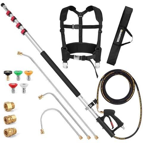24 FT Pressure Washer Extension Wand with Telescoping Pole, Gutter Cleaner Attachment, 3 Adapters, 5 Spray Nozzles & Support Belt Power Washer Extension Wand for Wall Roof Gutter Cover
