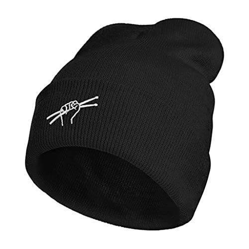 Black knit beanie with a pair of crossed drumsticks embroidered on the cuff