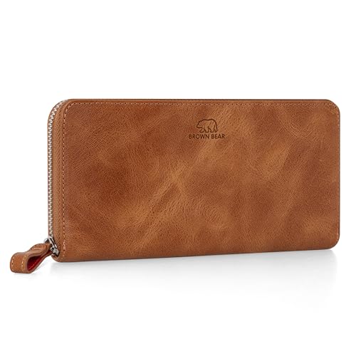 BROWN BEAR Reißverschluss Geldbörse Damen Leder lang mit Münzfach | Echtleder Vintage Braun | RFID-Schutz | Portemonnaie | Geldbeutel | BB Conny CBR