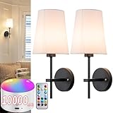 Battery Operated Wall Sconce Set of 2, Wireless Dimmable Battery Powered Wall Lamp with Remote Control, White Fabric Shade for Bedroom, Easy To Install, 3 Color Temp Bulb Included