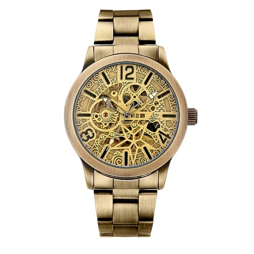 BOLYTE Orologio da uomo in bronzo automatico a carica automatica e meccanico a carica manuale, quadrante scheletro inciso vintage, cristallo iridescente