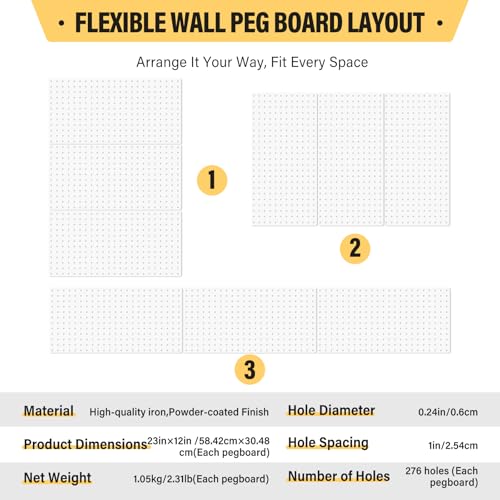 Image of DEWEL Wall Organizer Peg Board, 3Pcs Metal Pegboard Panels with Hooks, 23 inch x 12 inch Heavy Duty Pegboard Wall Organizer for Workbench, Workshop, Office, Craft Room (3pcs white)