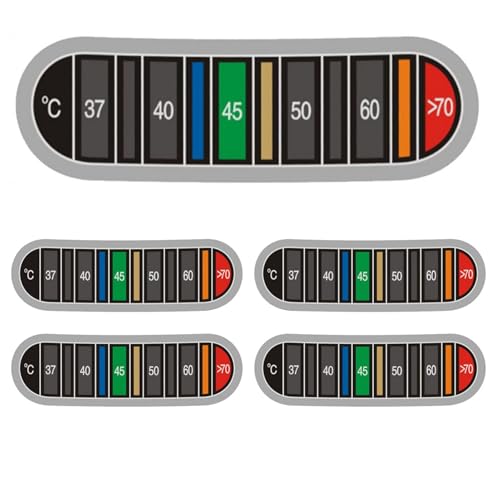 Thermometer Aufkleber Kaffee, 5 Stück Thermometer Streifen zum Aufkleben, Temperatur Indikator Aufkleber Farbwechsel Farbe für Kaffeetasse Milchkännchen, Selbstklebende Thermometer Streifen bis 70℃