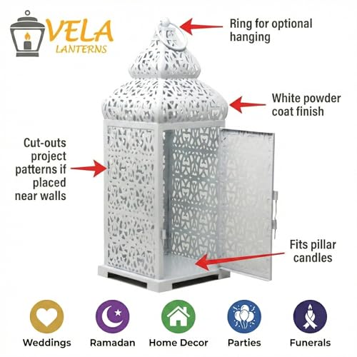 VELA LANTERNS Large Temple Moroccan Lantern Lamp Decorative Candle Holders for Ramadan Decorations, Hanging, Outdoor Patio or Porch, Indoor Home Decor, Weddings, White, Set of 2