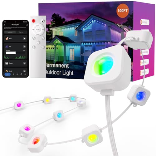 Fitop Permanent Outdoor Lights, 100FT RGB Smart Eaves Lights for House, IP67 Waterproof LED Strip, Music Sync, APP/Voice/Remote Control, Compatible with Alexa/Google