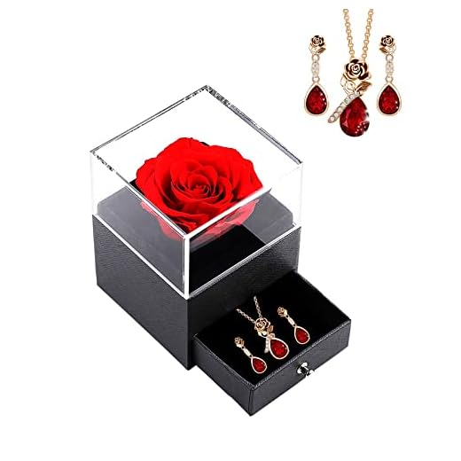 WNING Rose Flower Crystals Smycken Set för kvinnor Rose Gold Silverpläterad halsband och örhängen Set Presenter till mamma/fru/syster/vän med evigt bevarade Rose Flower presentask (Rose guld/röd)