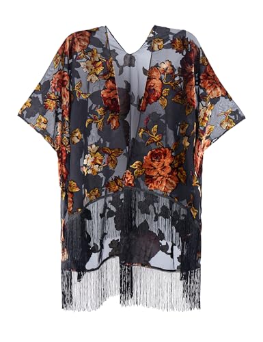 Image of MJ SERECA Women's Burnout Velvet Kimono Cardigan Cover Up with Tassel