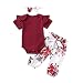 Janly Clearance Sale Conjunto de trajes para niñas de 0 a 24 meses, mameluco sólido con volantes, pantalones florales+diadema, para niños grandes de 9 a 12 meses (vino)