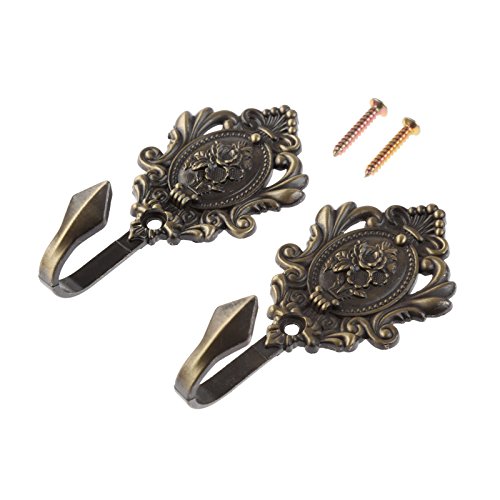 2Pcs Curtain Tiebacks Hook Vintage Bronze Rose Pattern Carved Wall Hooks Key Hook Clothes Hanger Bathroom Bedroom Multi Function Decorative Hook with Screws