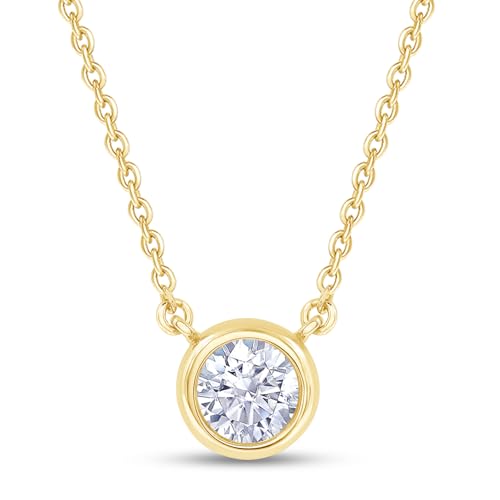 18K Gold Plated Bezel-Set Solitaire Necklace for Women, 6.5MM Moissanite Diamond Choker Pendant Necklace Jewelry (16