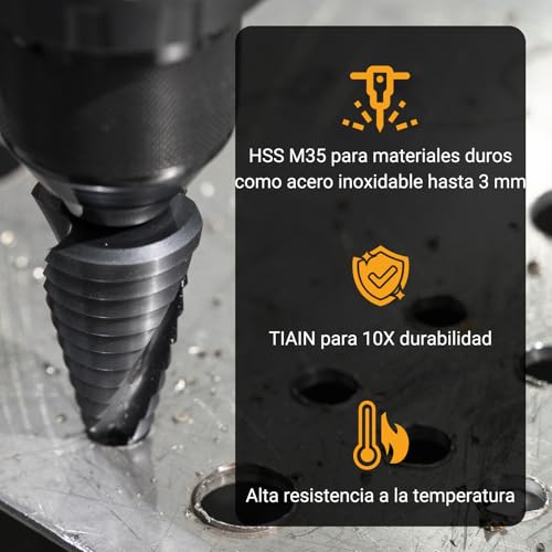 Miniatura 3 de Toolmays Broca Escalonada M35 Altin, 4-32 Mm Broca Conica Para Metal, 15 Pasos Brocas Escalonadas Para Acero Inoxidable, Aluminio, Latón, Metal, Hierro, Madera, Plástico, Pvc