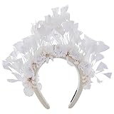 PartyforU White Feather Fairy Crown White Rose Floral Headband for Brides Pure White Flower Hairband for Women Girls Bridal Shower Engagement Party Carnivals Maternity Shoot Festival Proms
