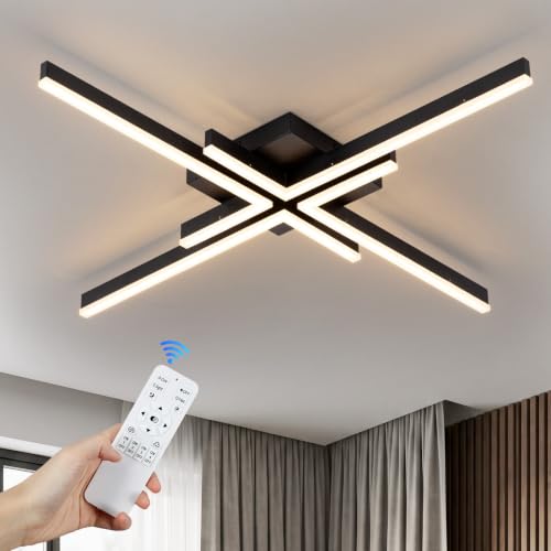 Nogcew Modern Ceiling Light Fixture, Sputnik LED Dimmable Ceiling Light with Remote Control, Black Flush Mount Lighting Fixture for Bedroom Living Room Kitchen