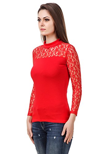 Image of LE BOURGEOIS Red Net Yoke Full Sleeve High Neck Top for Women