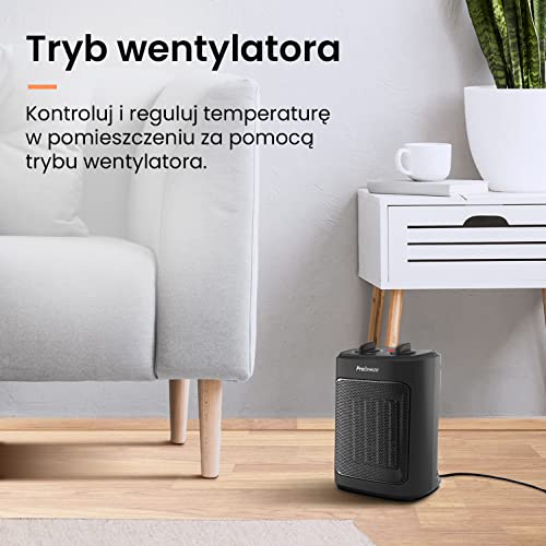 ProBreeze Mały Grzejnik Ceramiczny, Przenośny Grzejnik Elektryczny, Termowentylator Łazienkowy do Biura Sypialni, Turystyczny z Termostatem, 2000W, Czarny