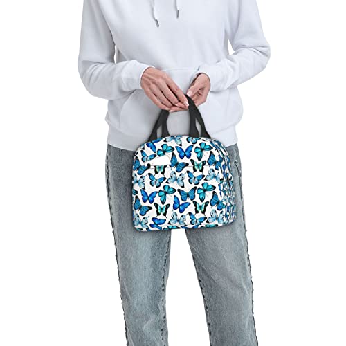 Insulated Lunch Bag Box For Women With Blue Butterfly Print Cooler Thermal Waterproof Reusable Tote Bag With Big Pocket For Work Office Picnic College #TOP5