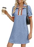 BLENCOT Summer Dresses for Women Casual Half Zip V Neck Puff Short Sleeve Mini Dress Beach Sundress with Pockets Sky Blue M