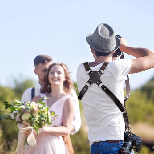 Peitoral para câmera, alça de ombro dupla de couro para fotógrafo, arnês de câmera dupla para 2 câme