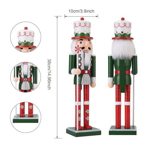 Wooden Christmas Soldier Nutcracker Decorations, 15 Inch Xmas Nutcracker Figure Christmas Decor for Home, Shelf, or Party Display (Green) - Thumbnail 2