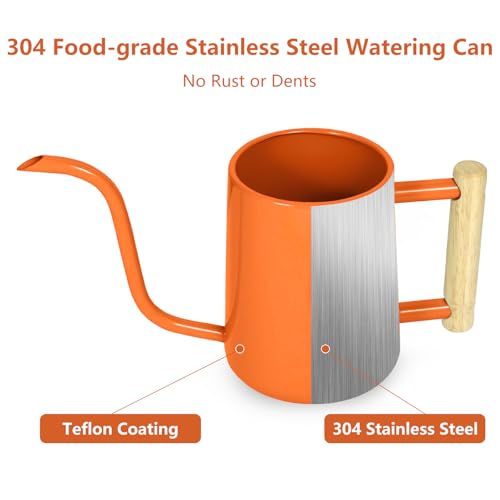 Image of Watering Can Indoor Plants, 35 oz /1000 ml Metal Stainless Steel Watering Can Pot with Long Spout for Indoor House Plants Bonsai Outdoor Garden Flower Decorative (Orange)