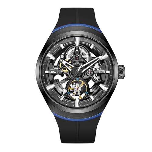 Minber Watch for Men, Automatic Skeleton Mens Mechanical Wrist Watch - Luxury 316 Stainless Steel Watch with FKM Strap, Waterproof Feature & Luminous Display