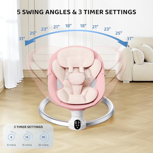 Miniatura 5 de Ixdregan Hamacas Bebé Electrica - App Control Remoto Baby Bouncer, Hamaca Bebe Acolchado Suave Con 3 Temporizadores, 5 Velocidades De Columpio, 10 Músicas, Mecedora Bebe Bluetooth App Rosa