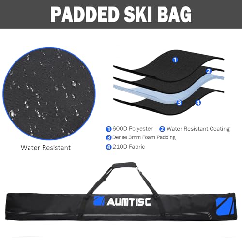 AUMTISC Skitasche Set Skisack &Skischuhtasche Längenverstellbare Bis 200 cm für 1 Paar Ski & Skischuhe(Blau,Gepolstert-3MM)