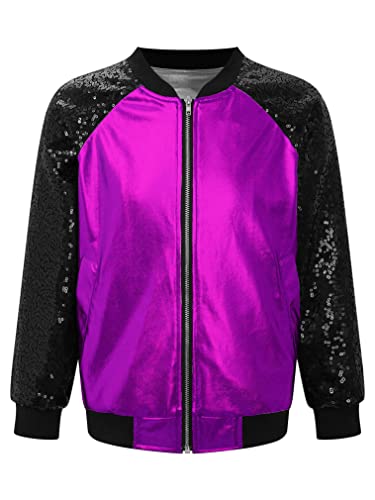 JEATHA Kids Girls Bomber Jacket Shiny Sequin Raglan Long Sleeve Zip Up Jackets for Hip Hop Latin Jazz Dance
