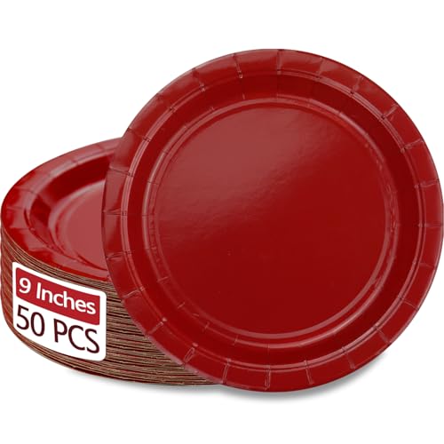 PTECDROTS 50 Red Paper Plates, 9 Inch Round Dinner Plates for Christmas, Parties & Daily Use