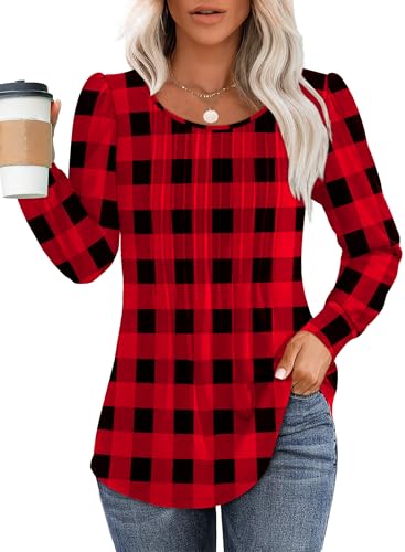 Ofeefan Womens Christmas Tops Long Seelve Shirts Plaid Print Dressy Casual Sweaters Holiday Outfits 2024 Fall Pullovers Black Red Xl cover
