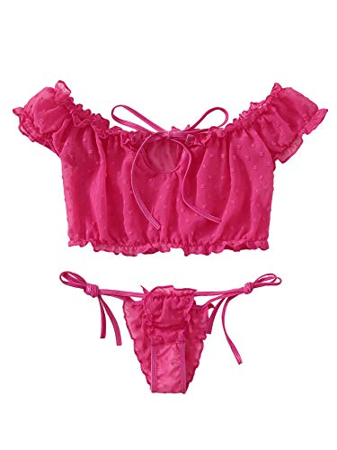 SheIn Women s Self Tie Ruffle Trim Dobby Mesh Lingerie Set Sexy Bra and Panty Neon Pink X-Large