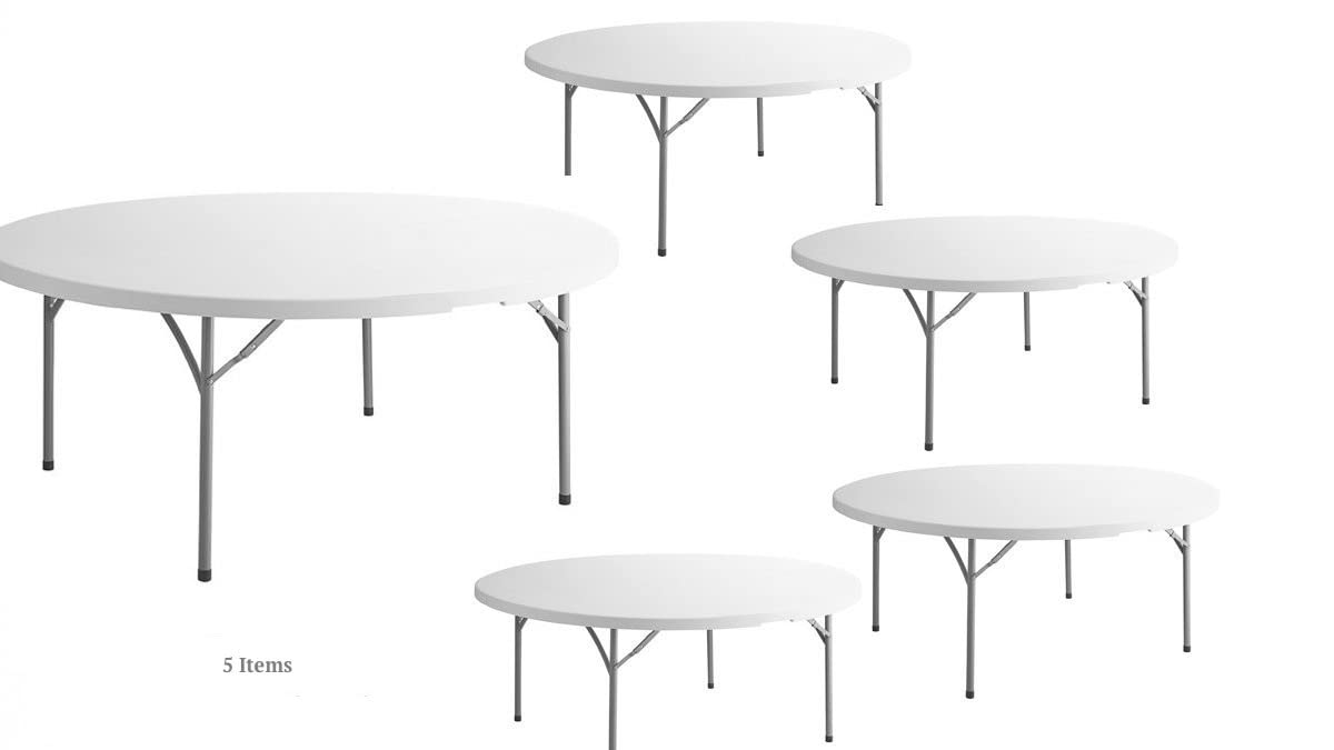 PRO&Family 72" Round Heavy Duty Granite White Plastic Folding Table, 10 Seater, Indoor/Outdoor Use, Foldable Legs, Rubber Feet