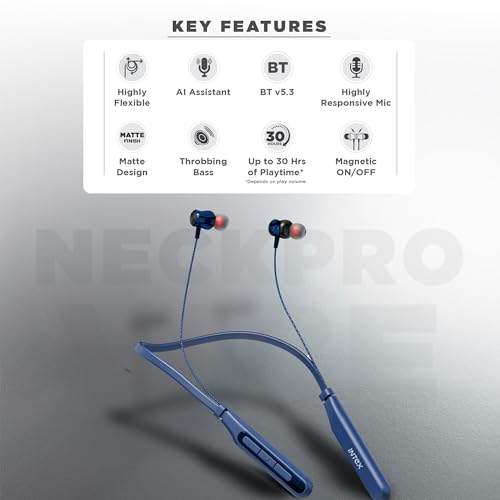 Image of Intex NeckPro Vibe Wireless Neckband Earphones with 30H Playtime | Bluetooth v5.3, AI Assistant | Magnetic Earbuds, Type-C Fast Charging | Deep Bass & HD Mic for Calling - Blue