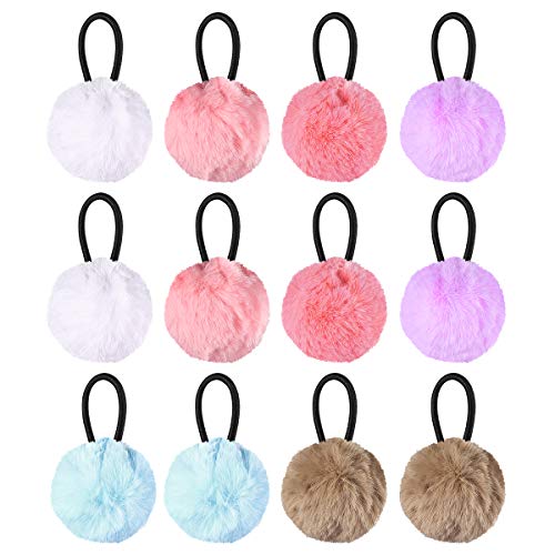 Lurrose 12Pcs Fluffy Ball Hair Ties Ponytail Holders Elastic Pom Pom Ball Hair Tie Cute Hair Rope for Toddler Girls Kids (White + Pink + Sky Blue + Khaki + Light Purple + Red 2pcs for Per Color)