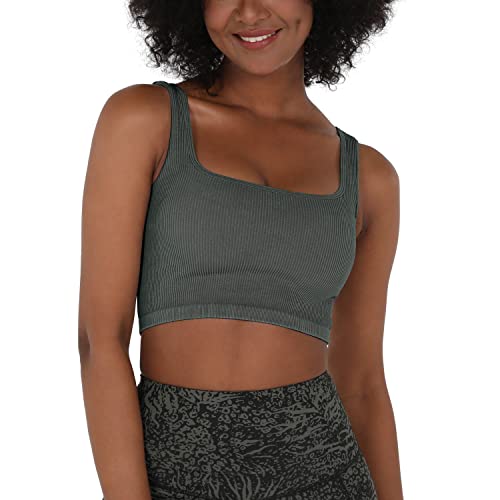 Ododos Women's Seamless Crop Tank 2-Pack Ribbed Knit Square Neck Cropped Tops Casual Low Back Cami, Acid Wash Charcoal+Dusty Orchid, Medium/Large #TOP25