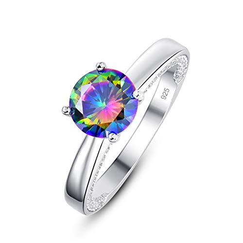 925 Sterling Silver Plated Simulated Rainbow Topaz Solitaire Engagement Ring for Women